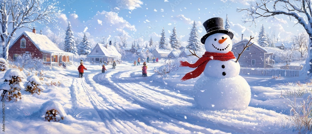Obraz premium A cheerful snowman stands in a snowy landscape with trees and houses, creating a picturesque winter scene filled with joy and tranquility.