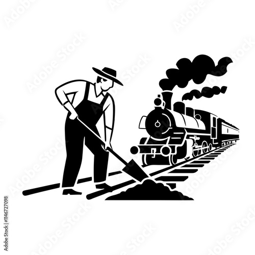  Vintage Railroad Worker Shoveling Coal with Steam Locomotive Vector Illustration