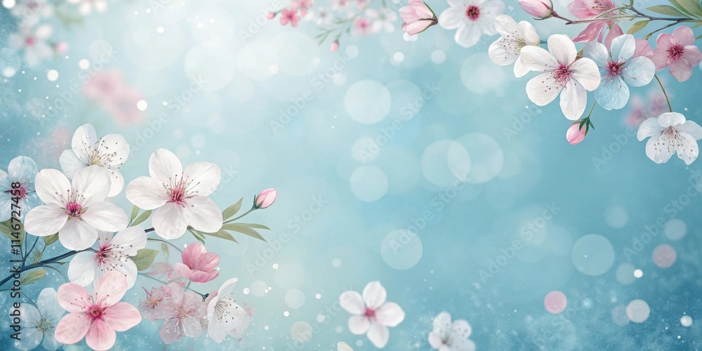Fototapeta premium Delicate Pink and White Blossoms Frame a Light Blue Background with a Dreamy Bokeh Effect