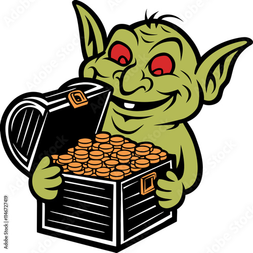  Cartoon Goblin with Treasure Chest Full of Gold Coins Vector Illustration