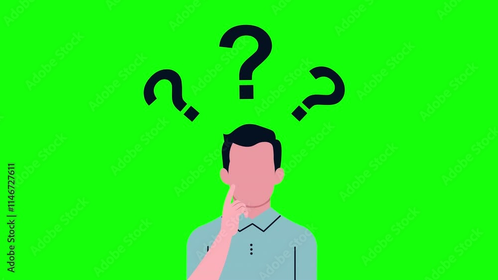 Man Pondering with Multiple Question Marks, Representing Uncertainty and Decision Making, on Green Screen Man Pondering with Multiple Question Marks, Representing Uncertainty and Decision Making, on Green Screen