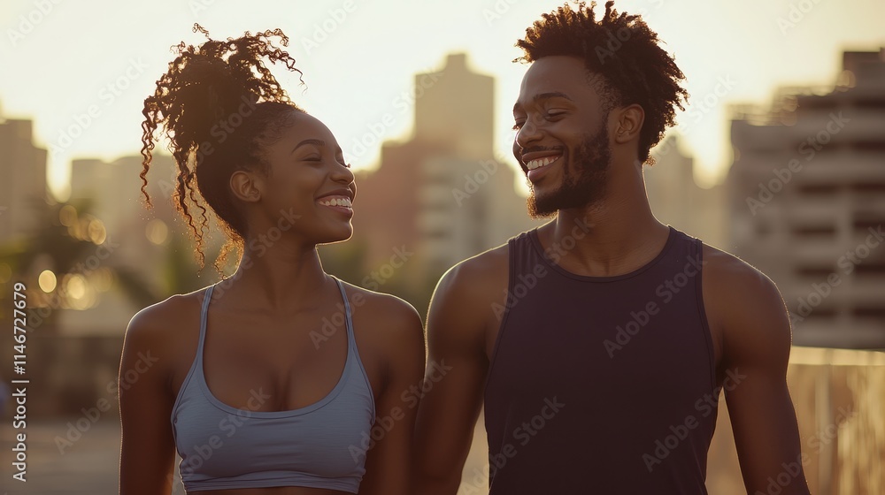 Smiling African American couple working out together at sunset, with a city skyline backdrop. Perfect for themes of fitness, wellness, love, and active urban lifestyles. Smiling African American couple working out together at sunset, with a city skyline backdrop. Perfect for themes of fitness, wellness, love, and active urban lifestyles.
