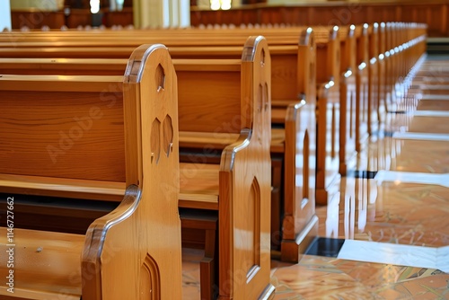 Wooden church pews arranged in a serene interior space