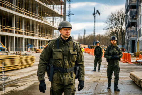 Male security guard on patrol at a construction site. photo