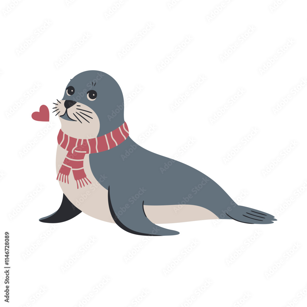 Cute Seal with Scarf and Heart Vector Illustration for Winter Themed Designs Cute Seal with Scarf and Heart Vector Illustration for Winter Themed Designs