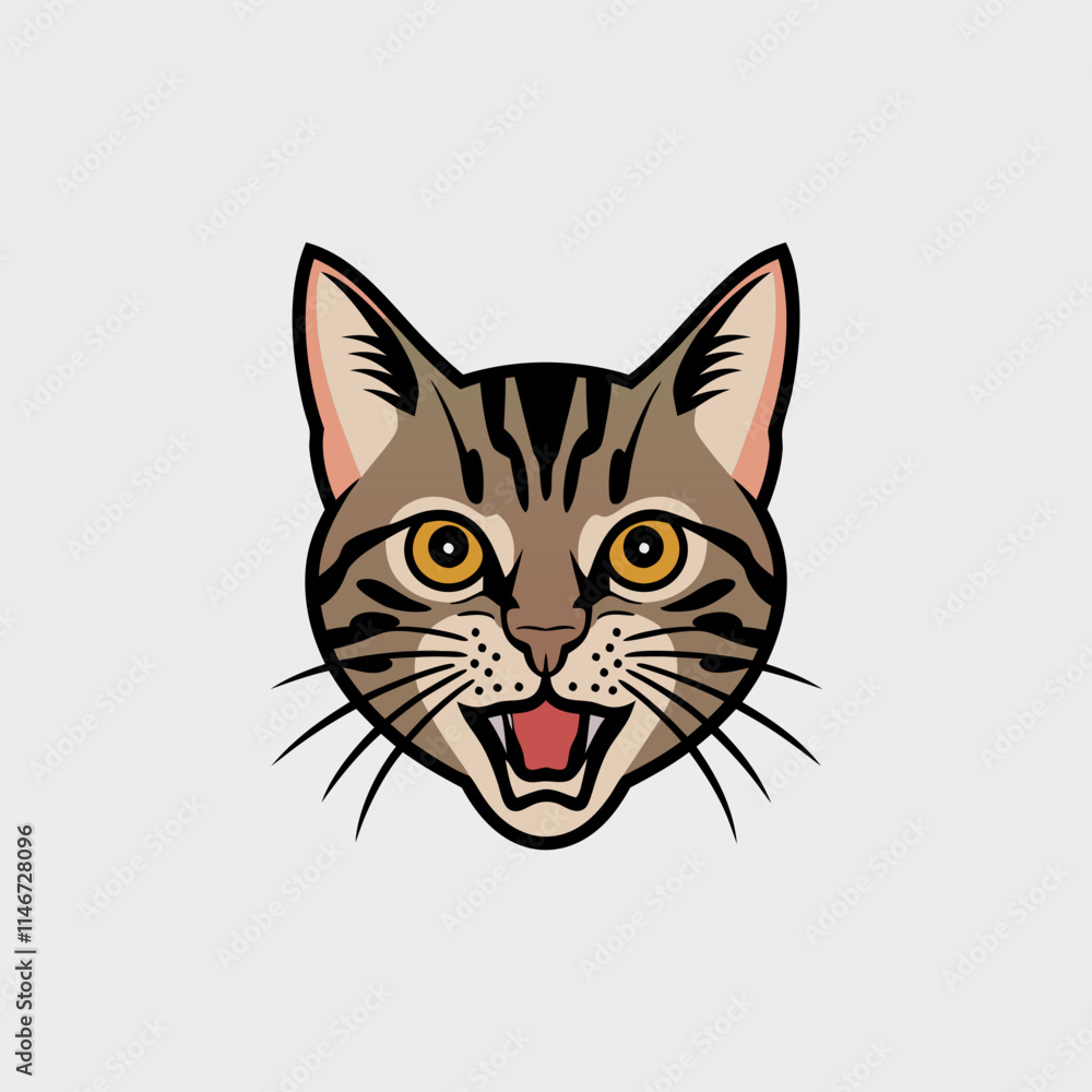Vector Illustration of Happy Tabby Cat Head with Striped Fur and Expressive Yellow Eyes Vector Illustration of Happy Tabby Cat Head with Striped Fur and Expressive Yellow Eyes