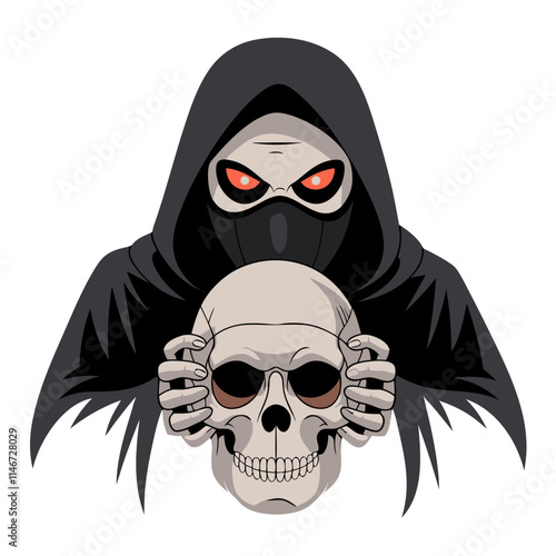  Hooded Grim Reaper Holding Skull Vector Illustration for Halloween and Horror Themes