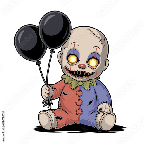  Creepy Horror Clown Doll with Balloons Scary Halloween Vector Art