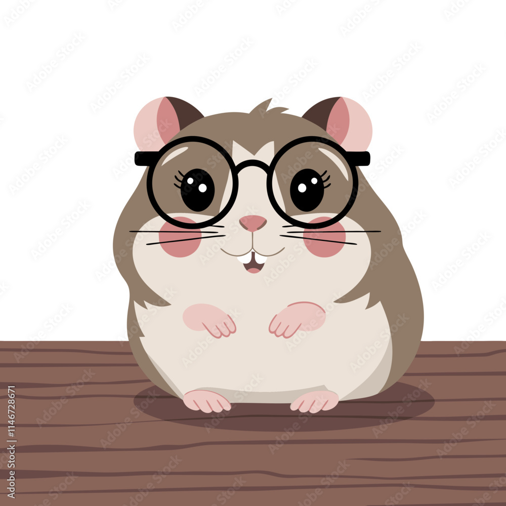 Fototapeta premium Cute Cartoon Hamster Wearing Glasses Sitting on Wooden Surface Vector Illustration