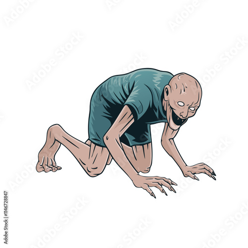  Creepy Bald Creature Crawling on Ground in Tattered Clothing Vector Illustration