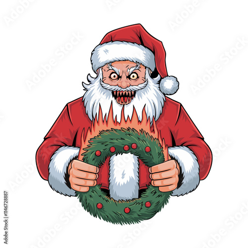  Spooky Santa Holding Wreath Creepy Christmas Vector Illustration