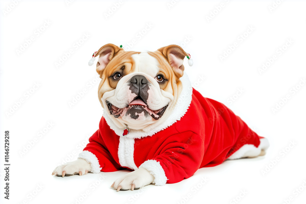 Full body shot of Bulldog dog, lying down, smiling. Wearing Christmas costume. Full body shot of Bulldog dog, lying down, smiling. Wearing Christmas costume.