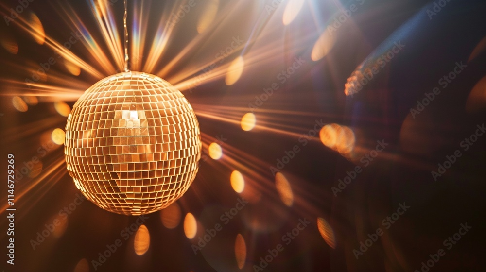 Obraz premium A vibrant image of a disco ball casting shimmering reflections, isolated on a pitch-black background.