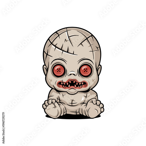  Creepy Cartoon Zombie Baby with Red Eyes Halloween Horror Illustration