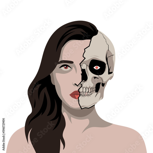  Half Woman Half Skull Vector Art Symbolizing Life and Death Duality