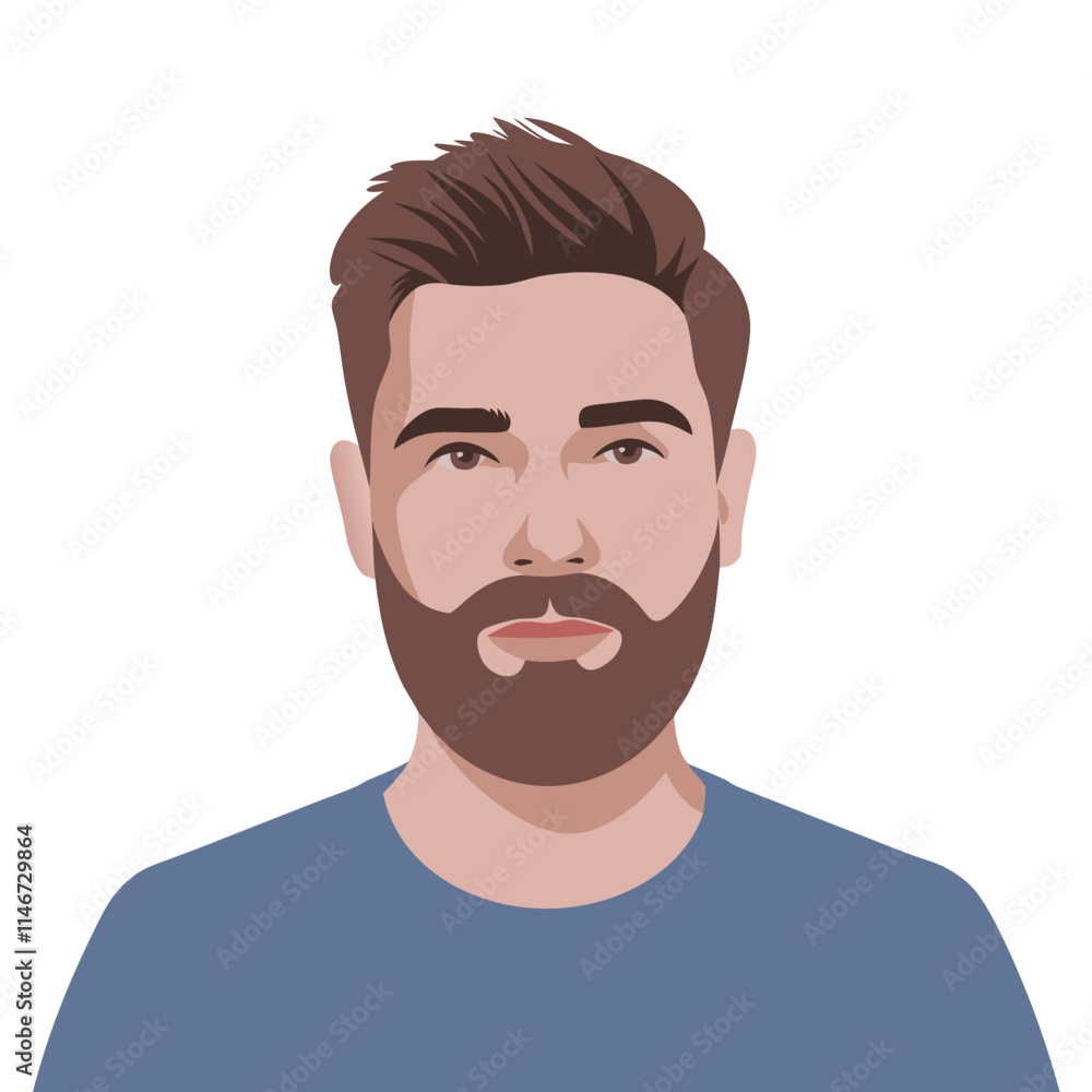 Vector Illustration of Bearded Man with Modern Hairstyle in Blue Shirt Vector Illustration of Bearded Man with Modern Hairstyle in Blue Shirt