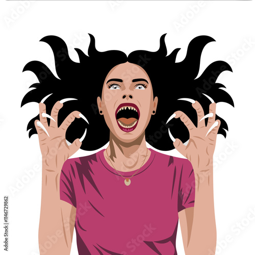  Vector Illustration of Fierce Woman with Fangs and Claws Expressing Anger