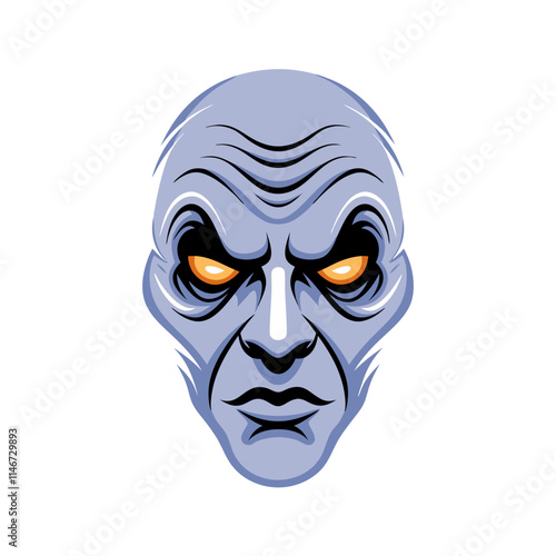  Scary Blue Alien Face with Glowing Yellow Eyes Vector Art Illustration