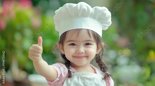 Little girl in chef hat proudly giving a thumbs up while enjoying cooking fun
