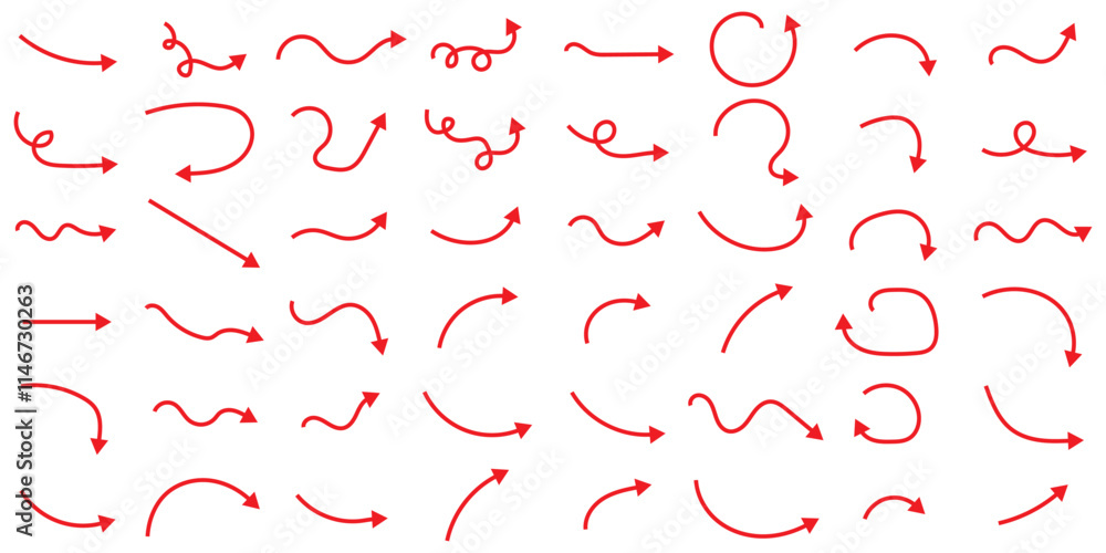 Set of vector curved arrows hand drawn. Sketch doodle style. Collection of pointers. Hand drawn thin line arrows set. Many vector curvy and wavy arrows isolated on white background. Red doodle arrow .