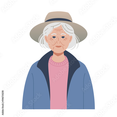  Elderly Woman in Hat and Coat Vector Illustration