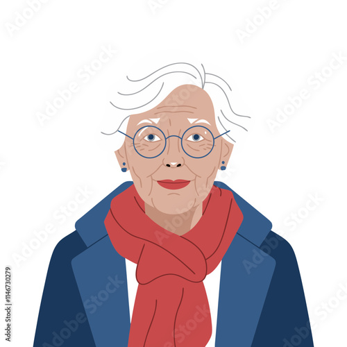  Elderly Woman Portrait Glasses Red Scarf White Hair Vector Illustration