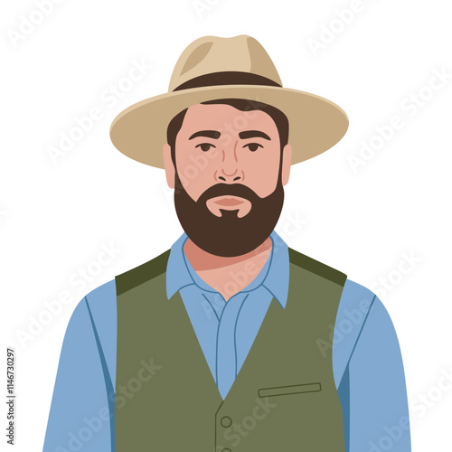 Bearded Man Wearing Hat and Vest Vector Illustration for Outdoor Enthusiast Theme