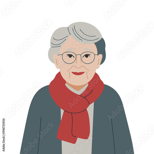  Elderly Woman Smiling with Red Scarf and Glasses Vector Portrait Illustration