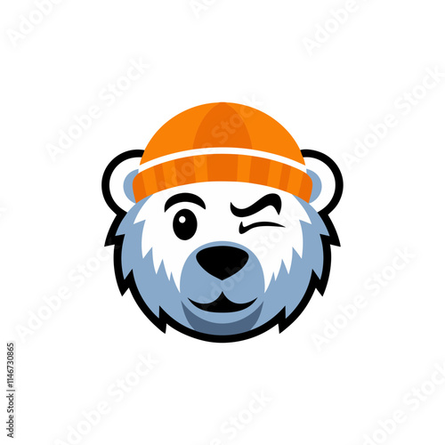  Winking Polar Bear Cartoon with Orange Hat Vector Illustration