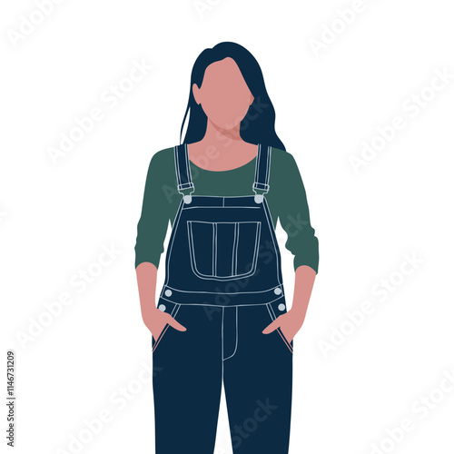 Vector Illustration of Woman in Denim Overalls and Green Top for Casual Fashion Concept