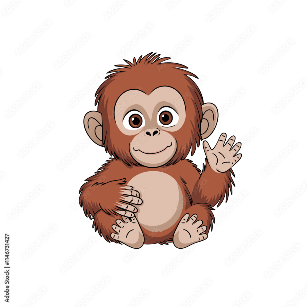 Obraz premium Cute Cartoon Baby Monkey Waving Friendly Animal Character Illustration for Kids