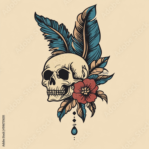 Skull and Feather tattoo flash illustration