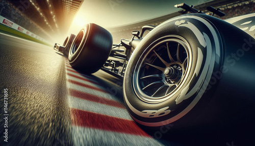 Close up shot of formula 1 racing wheels, shot from the back, race track with fast motion blur on the tires. Generative AI. photo