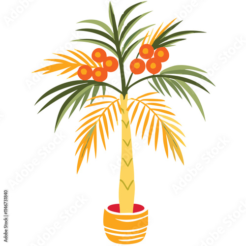 Vibrant Tropical Palm Tree with Orange Fruits in Decorative Pot Vector Art