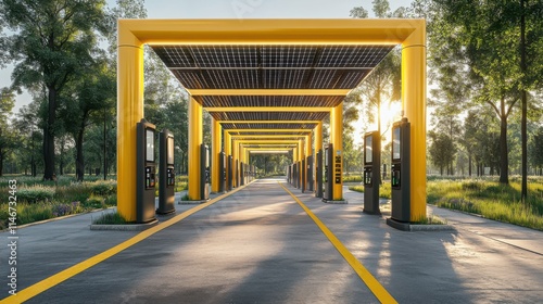 Wallpaper Mural Modern Solar-Powered Charging Station for Electric Vehicles in a Green Landscape Surrounded by Trees and Soft Morning Light Torontodigital.ca