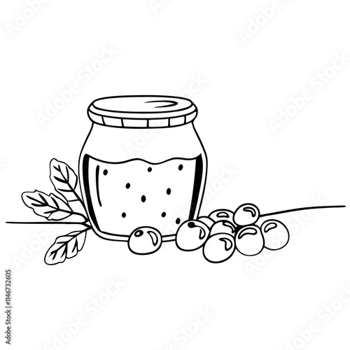  Hand Drawn Berry Jam Jar with Berries and Leaves Minimalist Vector Illustration