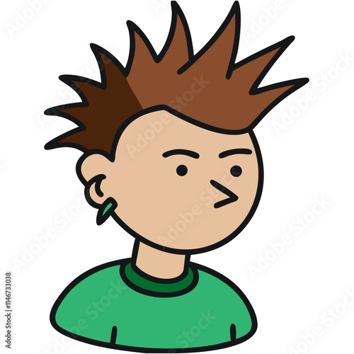  Spiky Haired Cartoon Character with Earring and Green Shirt Vector Illustration