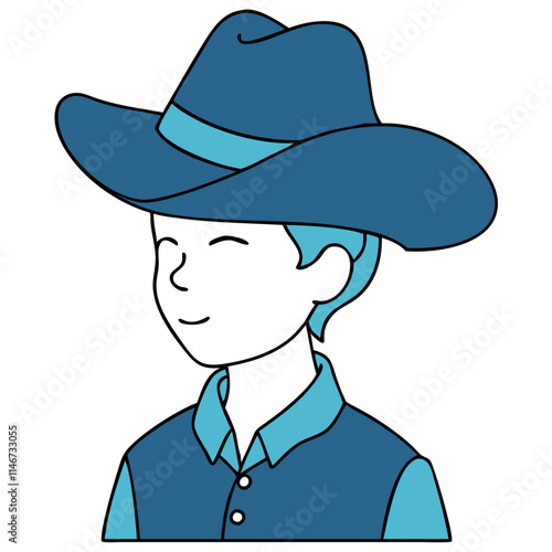 Cowboy Child Profile Vector Illustration with Blue Hat and Vest for Western Theme