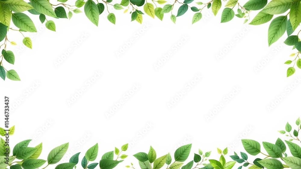 A white background adorned with a beautiful frame of greenery leaves, perfect for adding text or images, text, fresh A white background adorned with a beautiful frame of greenery leaves, perfect for adding text or images, text, fresh
