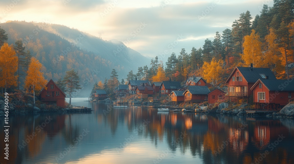Fototapeta premium Serene lakeside village with autumn foliage reflecting in calm waters.