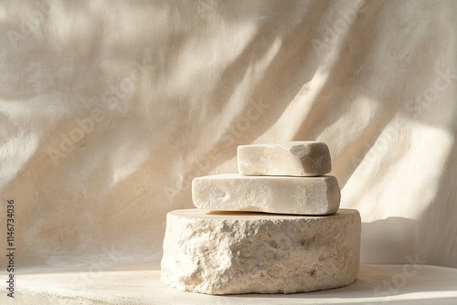 stack of smooth stone podiums displayed against textured beige backdrop under natural lighting photo