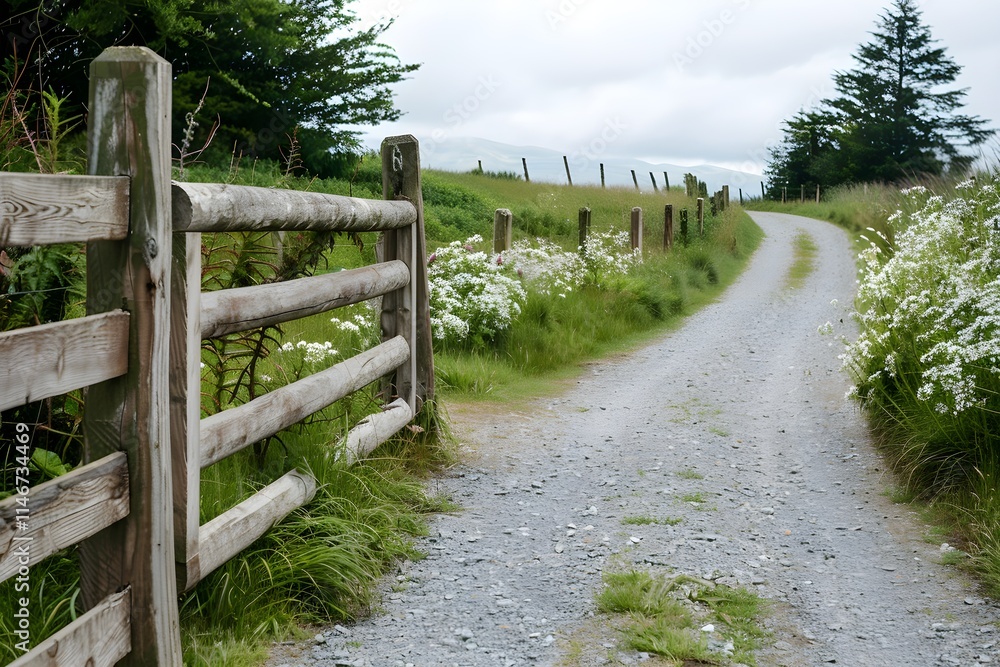 Gravel path bordered by flowers and wooden fence. Gravel path bordered by flowers and wooden fence.