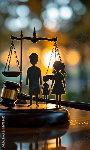 Silhouette of a family balanced on a scale with a gavel.