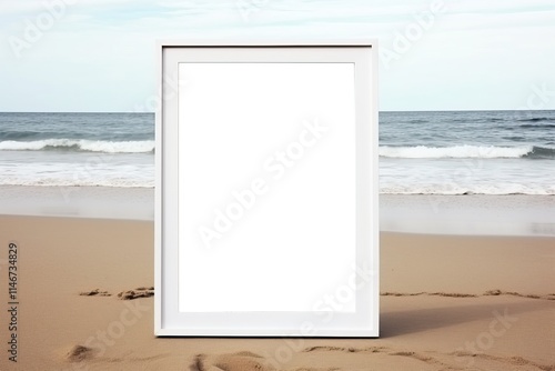 blank white frame with black thin frame mockup on the beach sand, hyper realistic, picture taken from top, top view, top angle, no image, no text