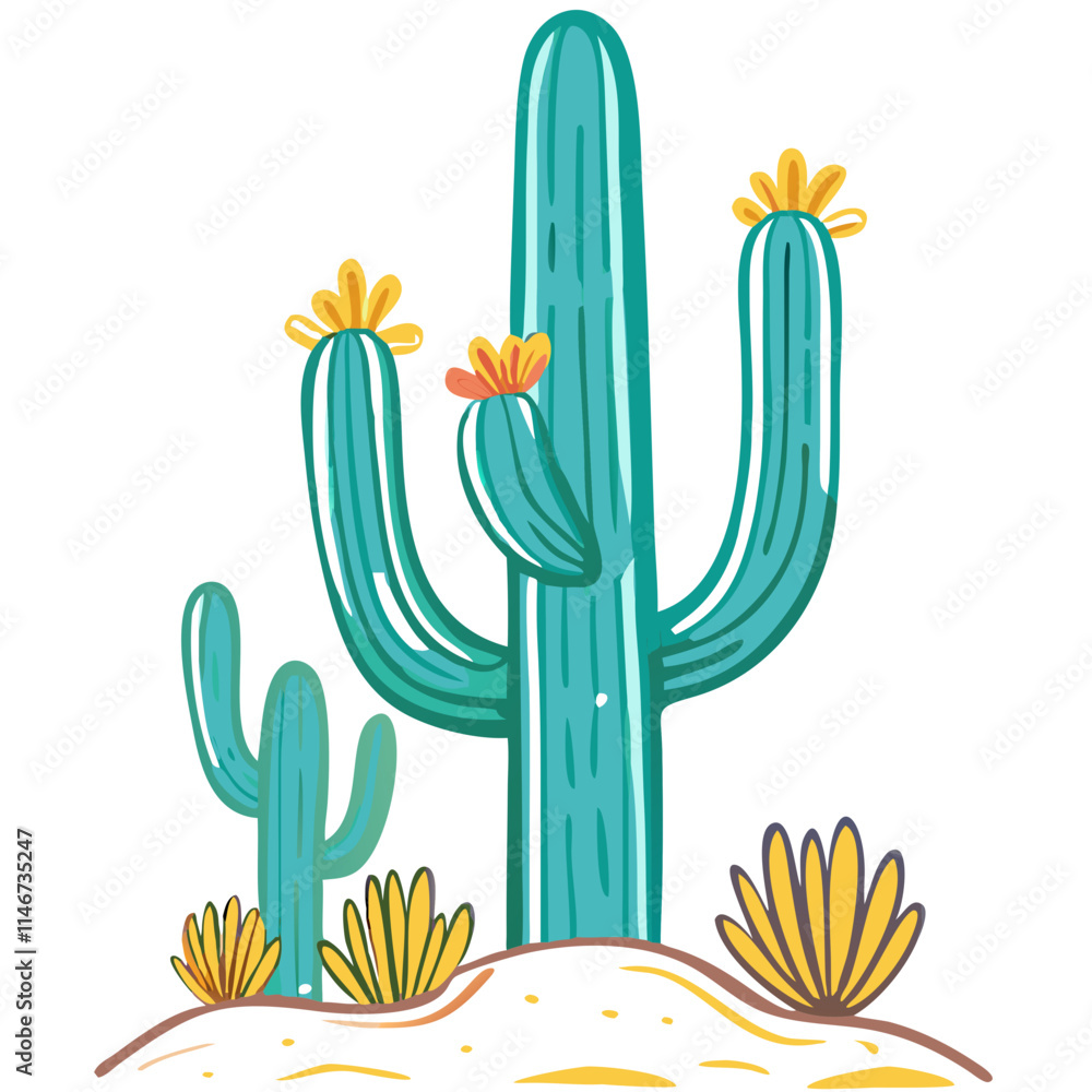 Vibrant Desert Cactus with Blossoms Illustrative Vector Art Vibrant Desert Cactus with Blossoms Illustrative Vector Art
