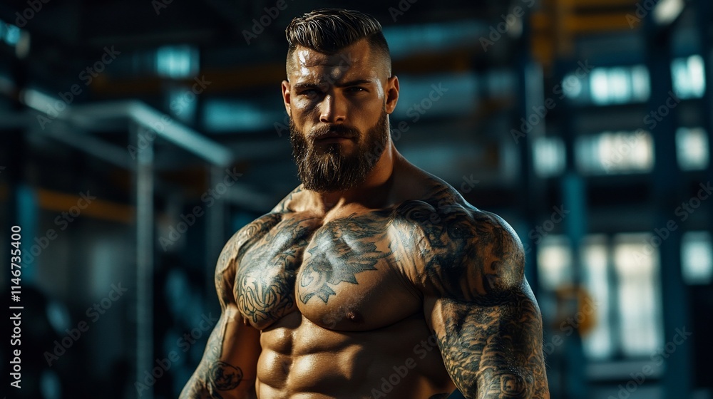 A muscular man with tattoos poses confidently in a gym setting. A muscular man with tattoos poses confidently in a gym setting.
