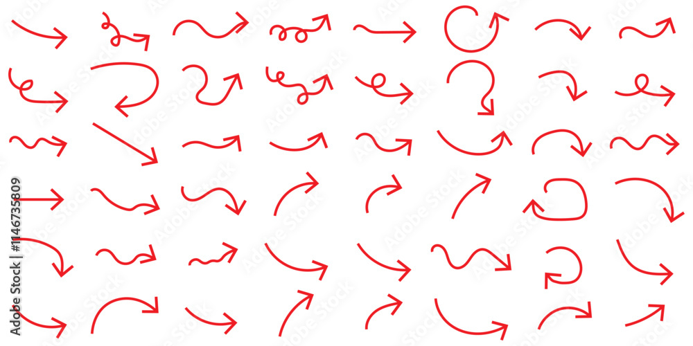 Simple Hand-Drawn Arrow Set Red Vector. Hand drawn thin line arrows set. Many vector curvy and wavy arrows isolated on white background. Isolated vector arrows, hand drawn Simple Hand-Drawn Arrow Set Red Vector. Hand drawn thin line arrows set. Many vector curvy and wavy arrows isolated on white background. Isolated vector arrows, hand drawn