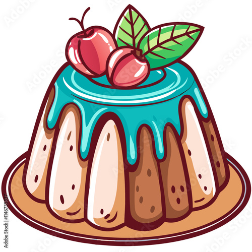  Colorful Dessert Pudding with Cherry Topping and Dripping Icing Illustration