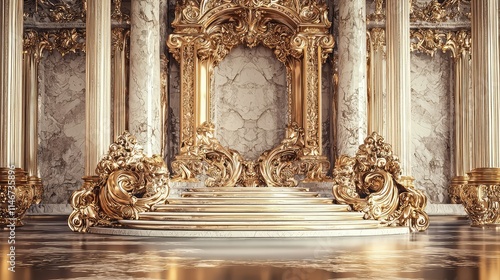 Opulent Gold Decorative Stage with Intricate Artwork and Marble Accents for Majestic Events and Grand Ceremonies in Luxurious Interior Design photo