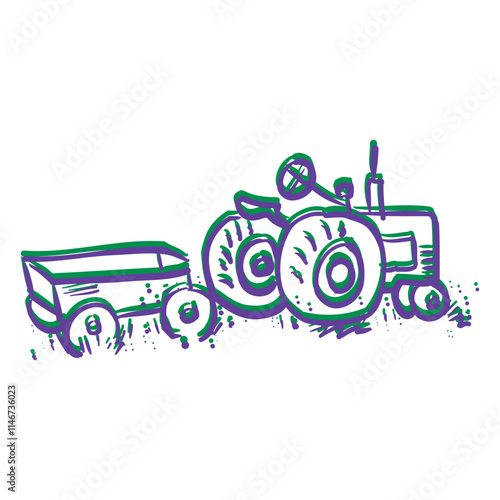 Farmer daily work isometric composition with tractor plowing soil and bringing livestock cow to graze vector illustration